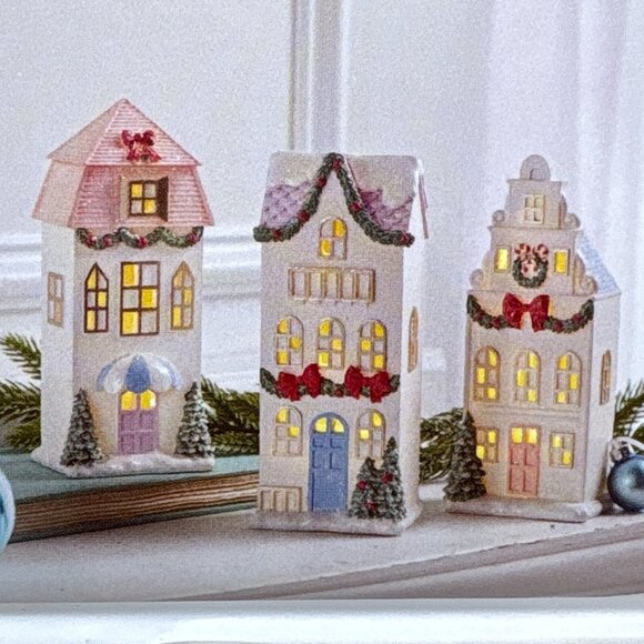 Christmas Cynthia Rowley Pastel Resin LED Lighted Village Houses Set of 3 NIB - Picture 2 of 9